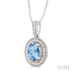 Silver Oval Shape Gemstone & Halo Diamond Pendant