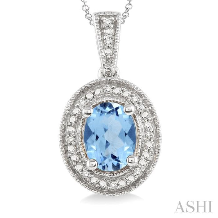 Silver Oval Shape Gemstone & Halo Diamond Pendant