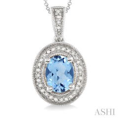 Silver Oval Shape Gemstone & Halo Diamond Pendant