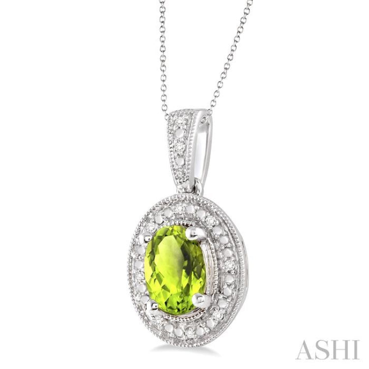 Silver Oval Shape Gemstone & Halo Diamond Pendant