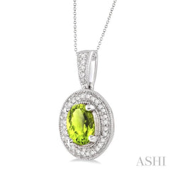 Silver Oval Shape Gemstone & Halo Diamond Pendant