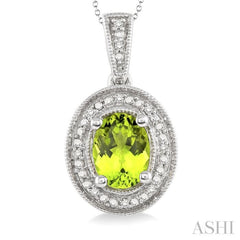 Silver Oval Shape Gemstone & Halo Diamond Pendant