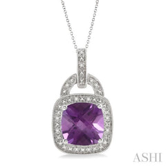 Silver Cushion Shape Gemstone & Diamond Pendant