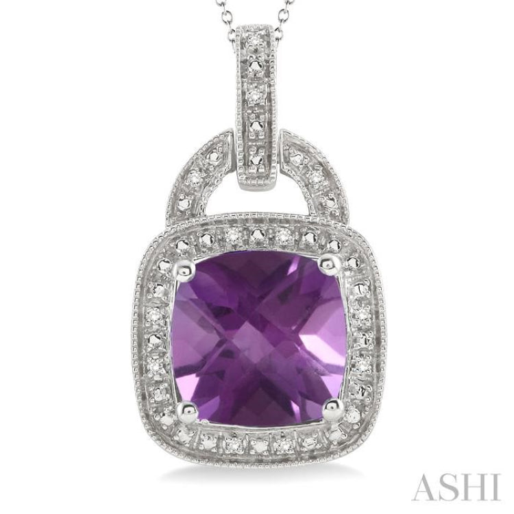 Silver Cushion Shape Gemstone & Diamond Pendant