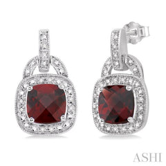 Silver Cushion Shape Gemstone & Diamond Earrings