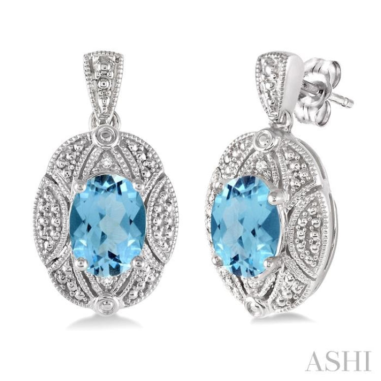 Silver Oval Shape Gemstone & Diamond Earrings