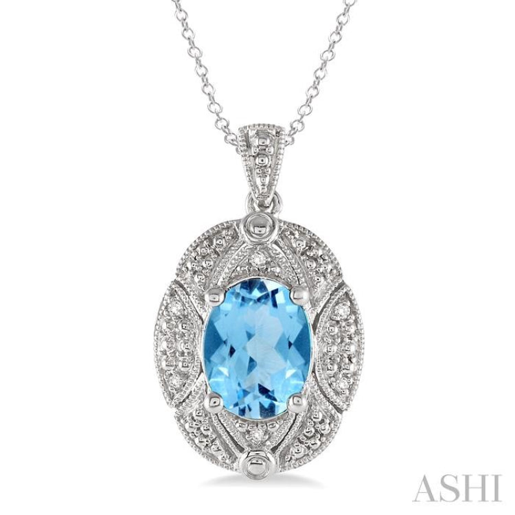 Silver Oval Shape Gemstone & Diamond Pendant