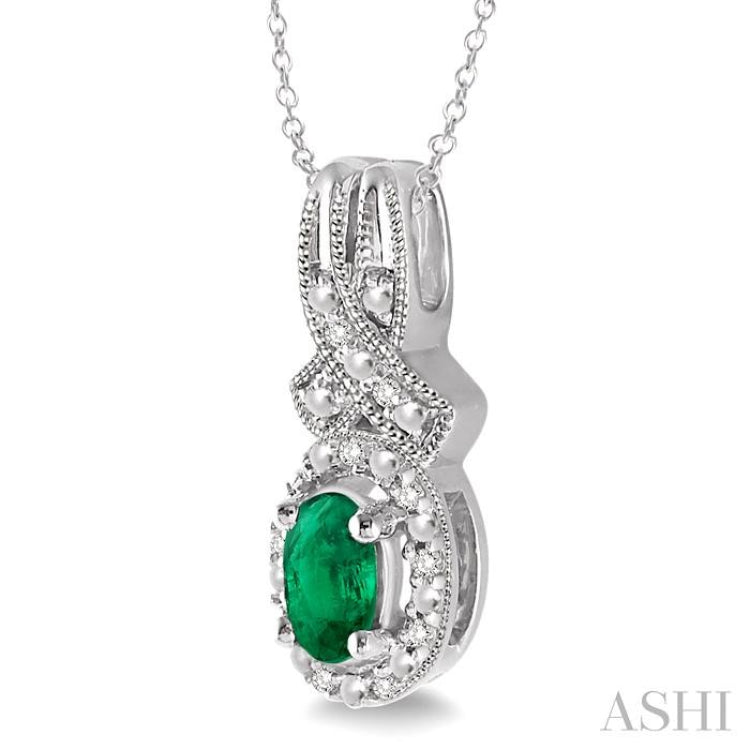 Silver Oval Shape Gemstone & Halo Diamond Pendant