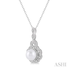 Silver Pearl & Halo Diamond Pendant