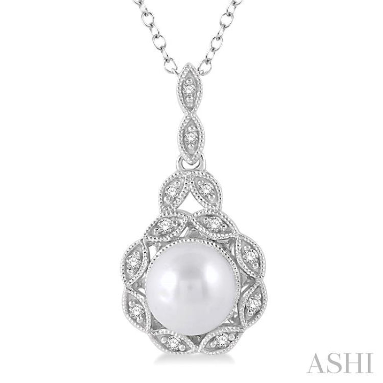 Silver Pearl & Halo Diamond Pendant