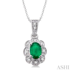 Silver Oval Shape Gemstone & Halo Diamond Pendant