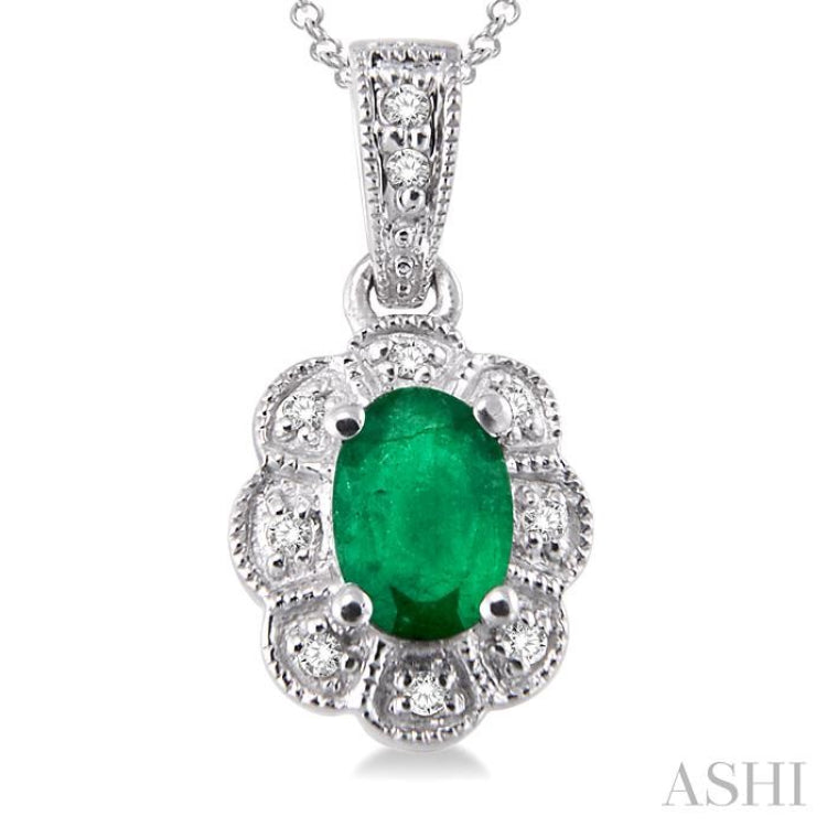 Silver Oval Shape Gemstone & Halo Diamond Pendant