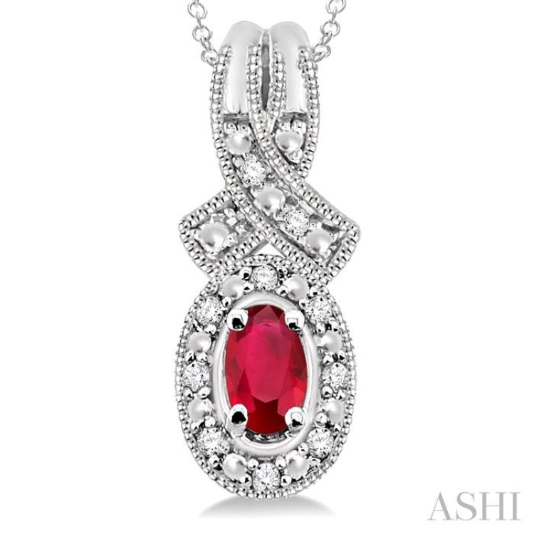 Silver Oval Shape Gemstone & Halo Diamond Pendant