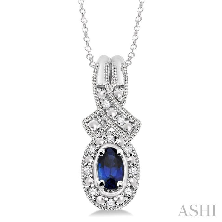 Silver Oval Shape Gemstone & Halo Diamond Pendant