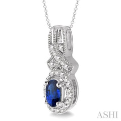 Silver Oval Shape Gemstone & Halo Diamond Pendant