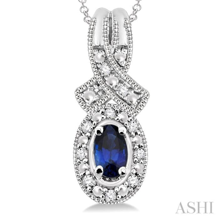 Silver Oval Shape Gemstone & Halo Diamond Pendant