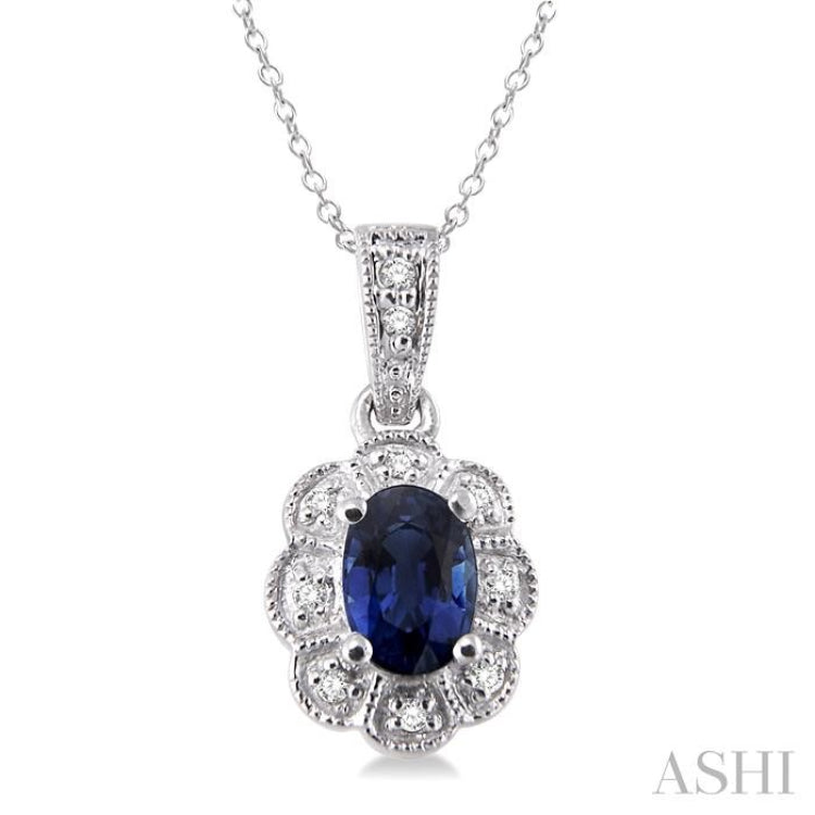 Silver Oval Shape Gemstone & Halo Diamond Pendant