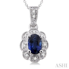 Silver Oval Shape Gemstone & Halo Diamond Pendant