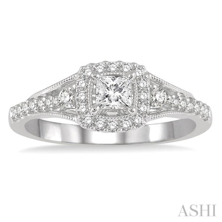 1/2 ctw Diamond Engagement Ring with 1/5 ct Princess Cut Center Stone in 14K White Gold