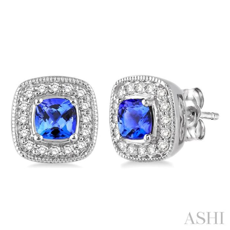 Cushion Shape Gemstone & Halo Diamond Earrings