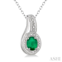 Silver Oval Shape Gemstone & Diamond Pendant