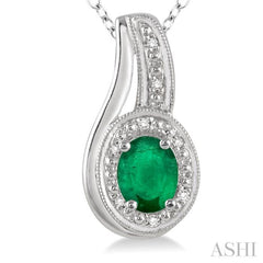 Silver Oval Shape Gemstone & Diamond Pendant