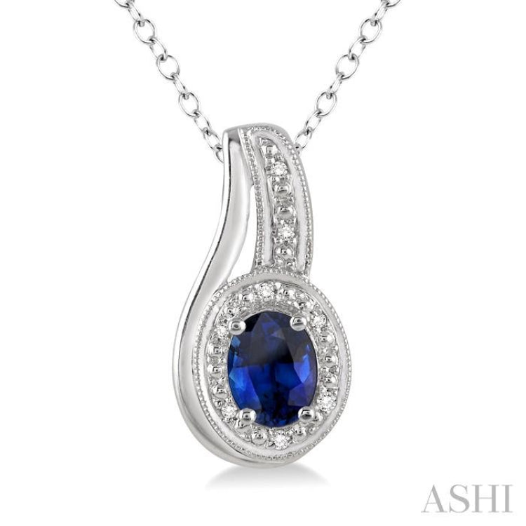 Silver Oval Shape Gemstone & Diamond Pendant