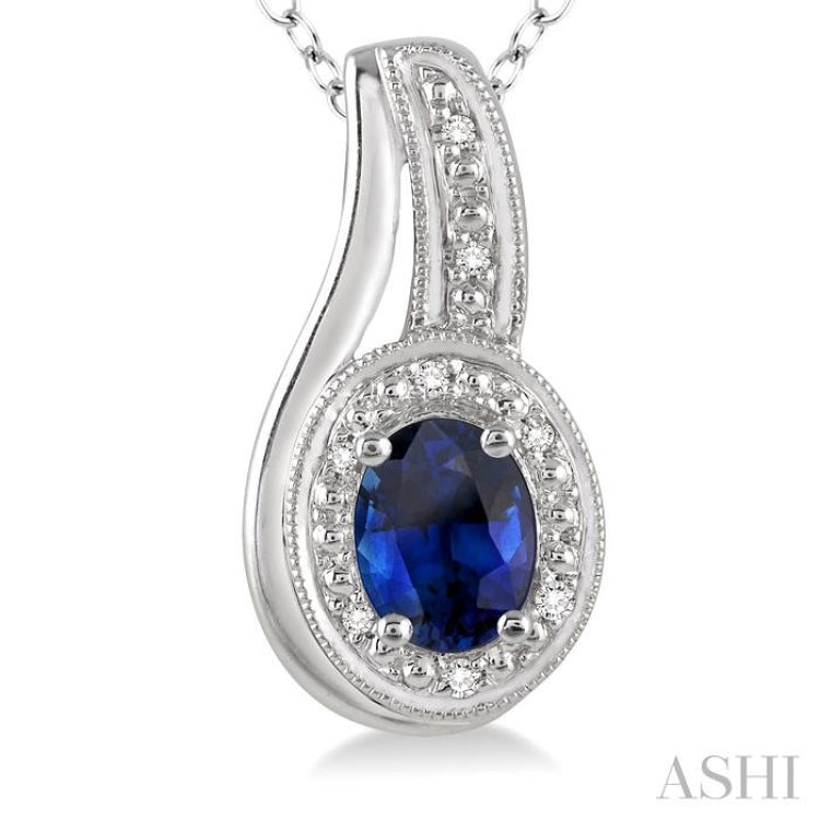 Silver Oval Shape Gemstone & Diamond Pendant