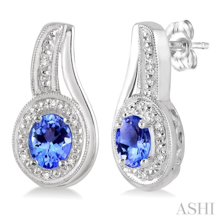 Silver Oval Shape Gemstone & Diamond Earrings