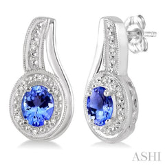 Silver Oval Shape Gemstone & Diamond Earrings