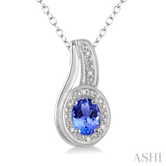 Silver Oval Shape Gemstone & Diamond Pendant