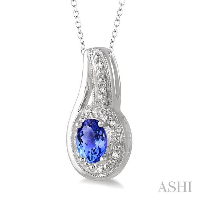 Silver Oval Shape Gemstone & Diamond Pendant