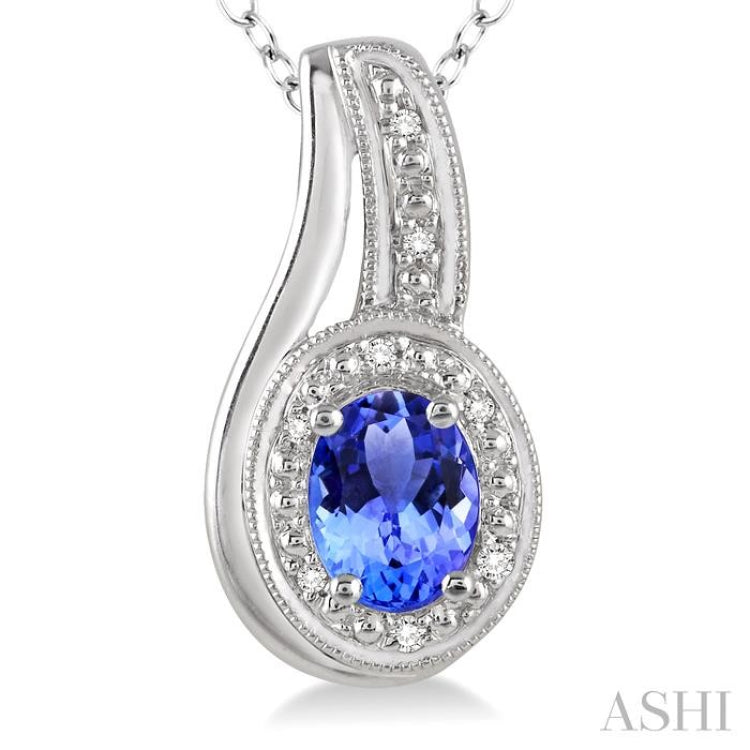 Silver Oval Shape Gemstone & Diamond Pendant