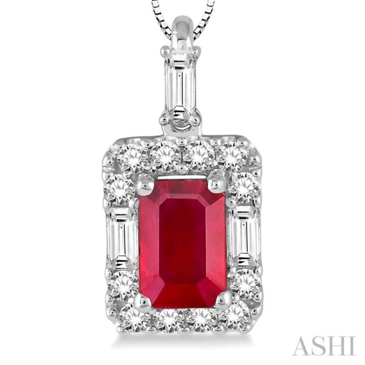 6x4 MM Octagon Cut Ruby and 1/3 ctw Round Cut Diamond Precious Pendant in 14K White Gold with Chain