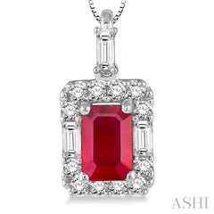 6x4 MM Octagon Cut Ruby and 1/3 ctw Round Cut Diamond Precious Pendant in 14K White Gold with Chain