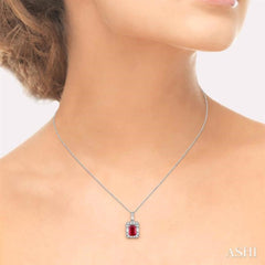 6x4 MM Octagon Cut Ruby and 1/3 ctw Round Cut Diamond Precious Pendant in 14K White Gold with Chain