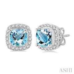 Cushion Shape Gemstone & Halo Diamond Earrings