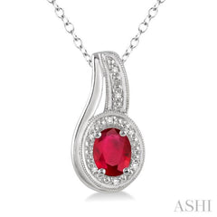 Silver Oval Shape Gemstone & Diamond Pendant