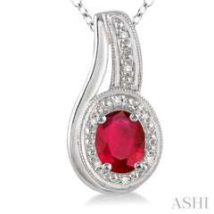 Silver Oval Shape Gemstone & Diamond Pendant