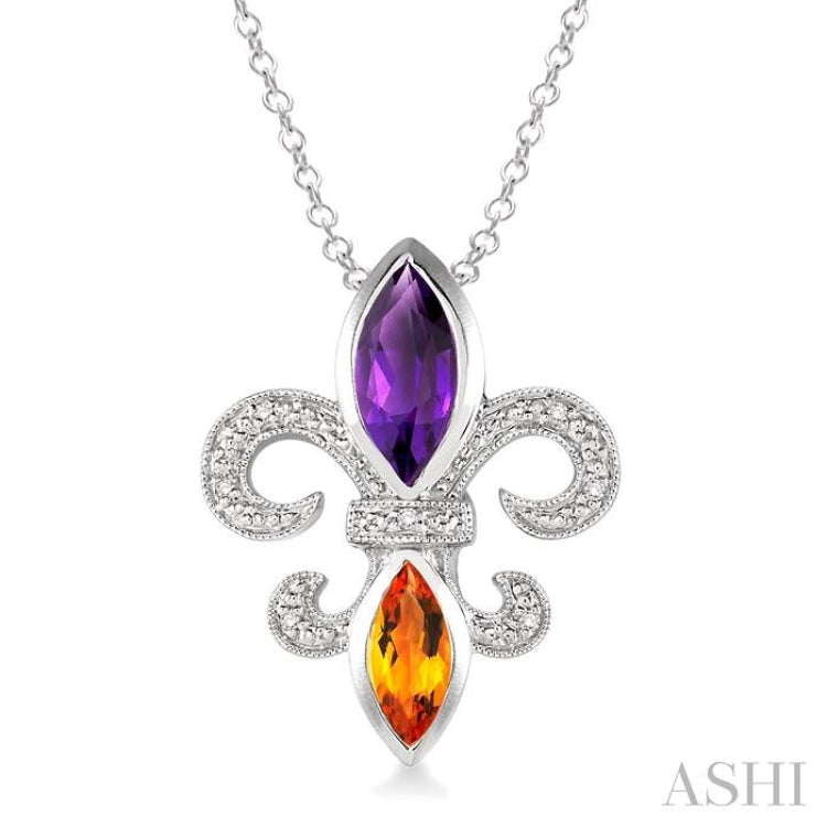 Silver Fleur De Lis Gemstone & Diamond Pendant