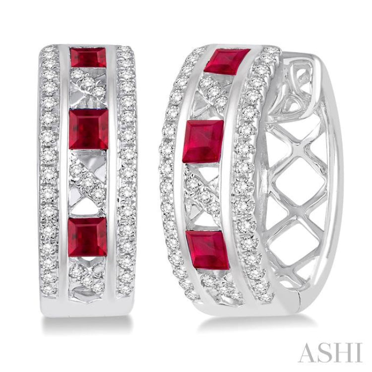 Princess Shape Gemstone & Diamond Hoop Earrings