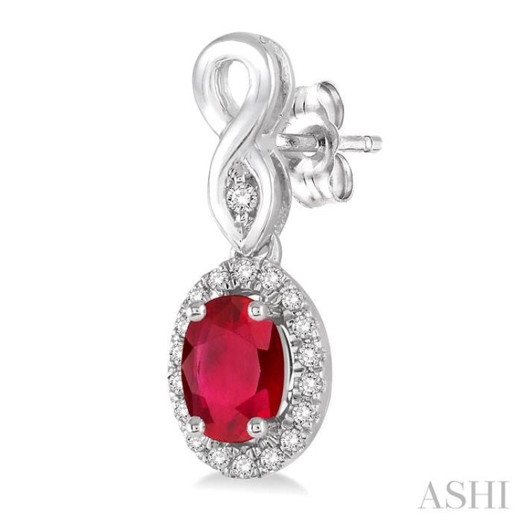 5x3 MM Oval Cut Ruby and 1/6 Ctw Round Cut Diamond Earrings in 10K White Gold