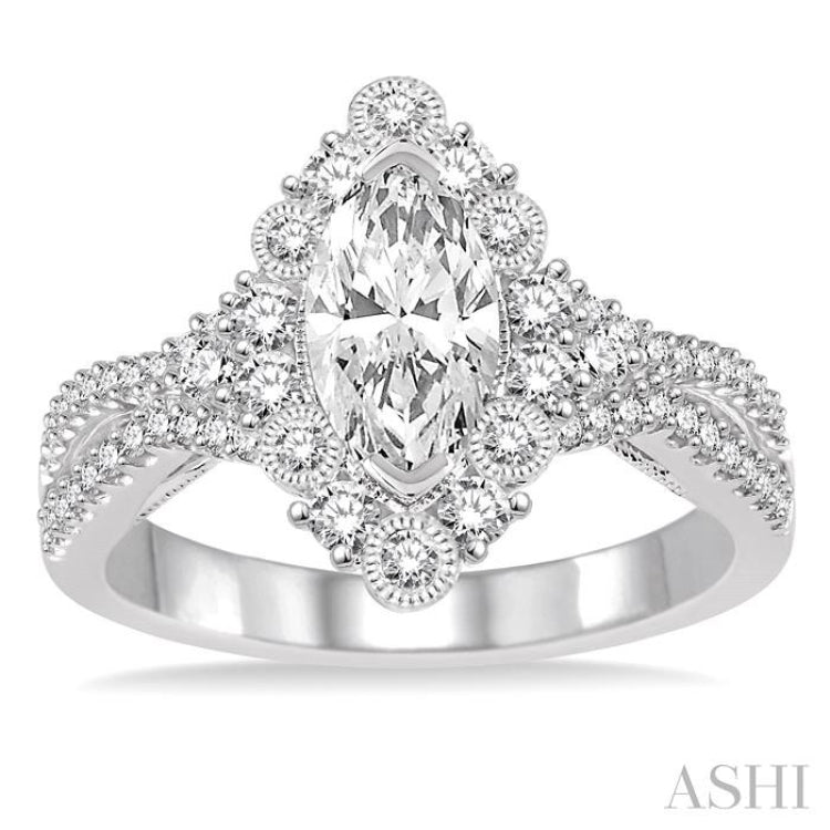 Marquise Shape Semi-Mount Halo Diamond Engagement Ring