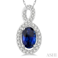 6x4 MM Oval Cut Sapphire and 1/10 ctw Round Cut Diamond Pendant in 14K White Gold with Chain