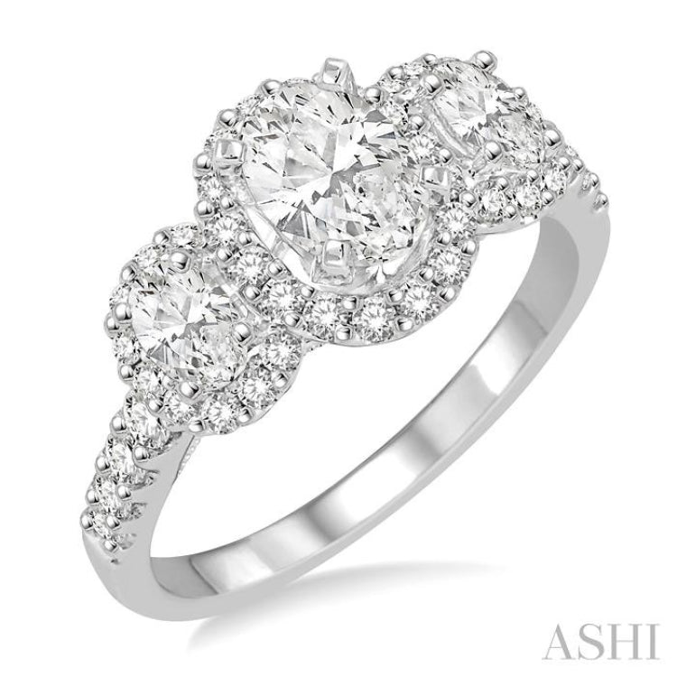 Oval Shape Past Present & Future Semi-Mount Halo Diamond Engagement Ring