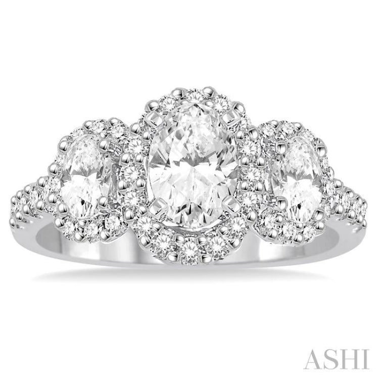 Oval Shape Past Present & Future Semi-Mount Halo Diamond Engagement Ring