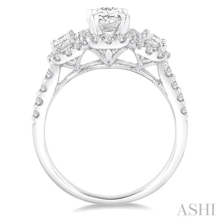 Oval Shape Past Present & Future Semi-Mount Halo Diamond Engagement Ring