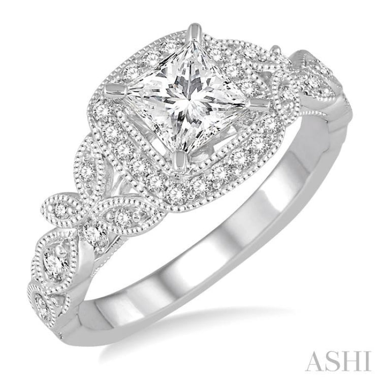 Princess Shape Semi-Mount Halo Diamond Engagement Ring