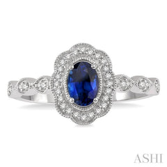 6x4 MM Oval Shape Sapphire and 1/6 Ctw Round Cut Diamond Precious Ring in 10K White Gold
