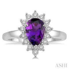 9x6 MM Pear Shape Amethyst and 1/10 Ctw Round Cut Diamond Semi-Precious Ring in 10K White Gold